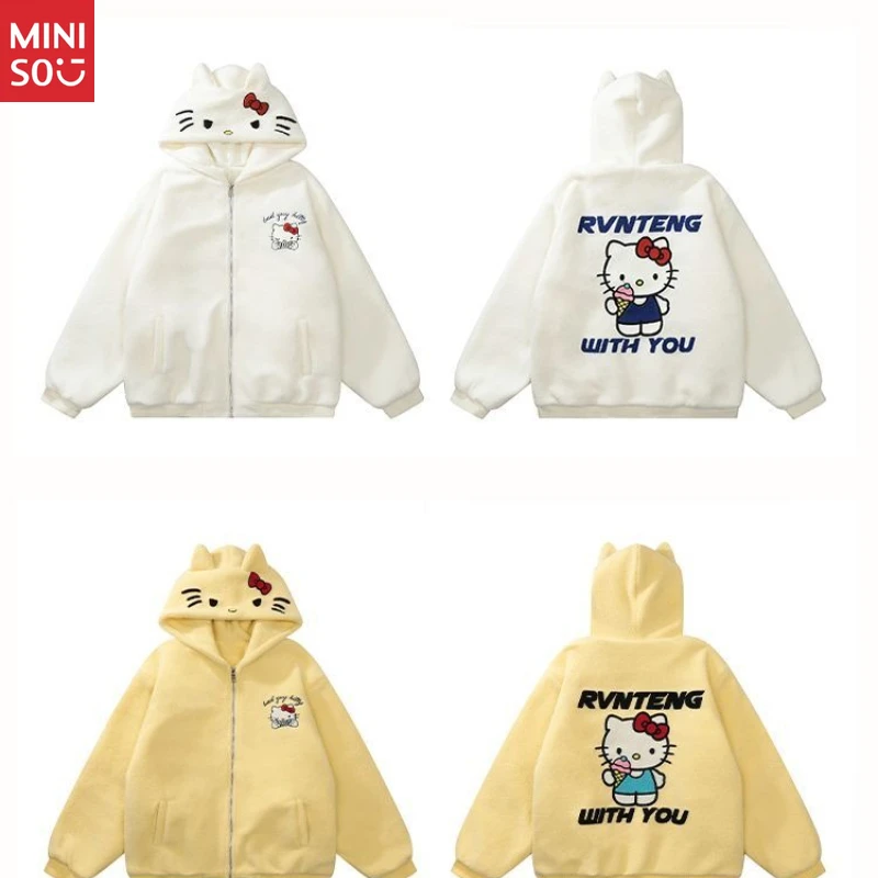 Miniso Cozy Hello Kitty Hooded Jacket, Cute Plush Fleece-Lined Winter Coat for Women