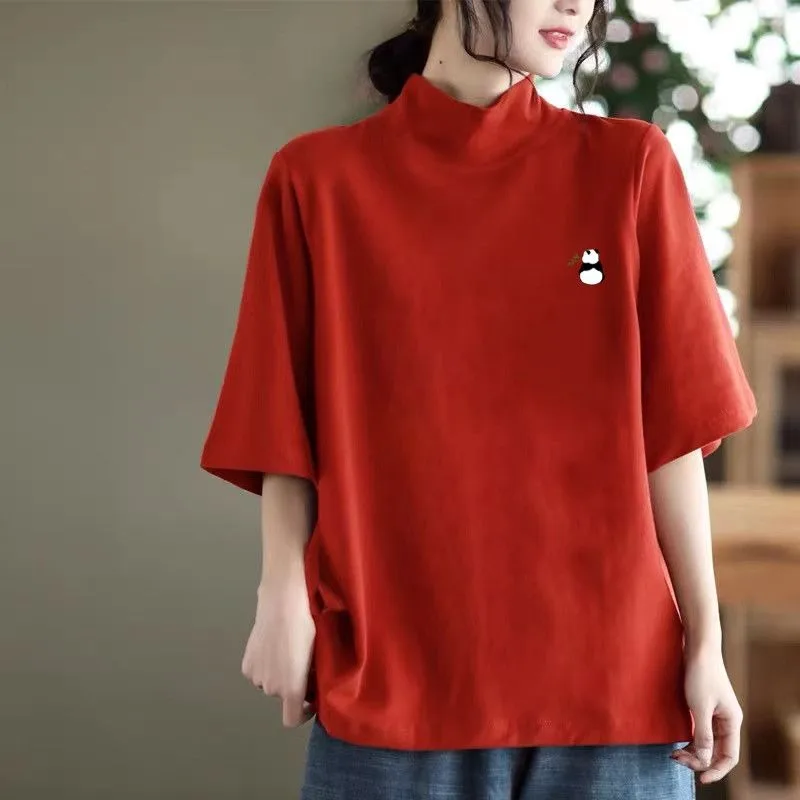 Women's Red High Neck Half Sleeve T-Shirt Cute Panda Embroidery Casual Loose Fit Cotton Top