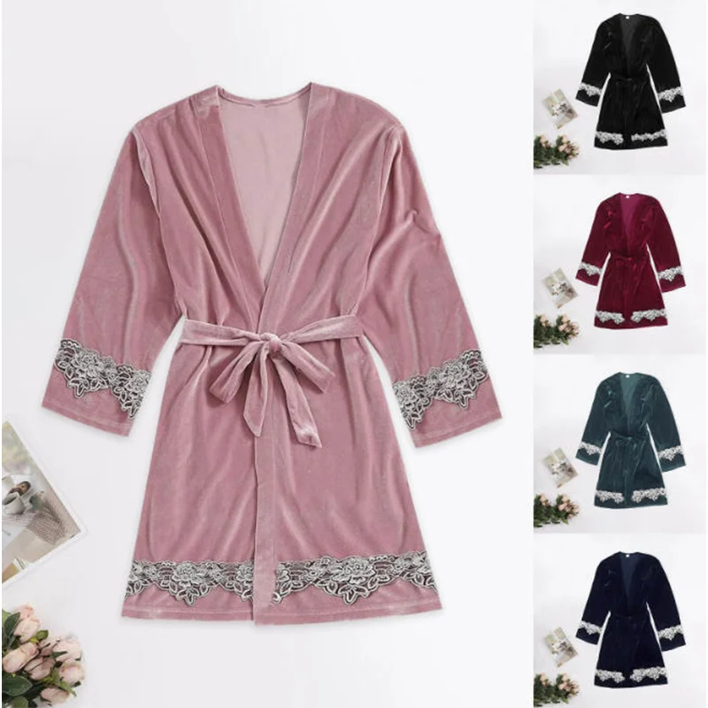 Autumn Winter Ladies Plush Velvet Kimono Robe Delicate Lace Cuff Tie Waist Soft Home Sleepwear Dressing Gown