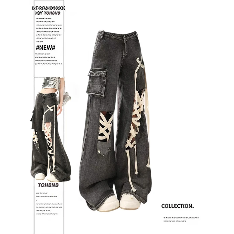 

Punk Black Ripped Jeans Women High Waist Lace Up Straight Wide Leg Denim Pants Streetwear Loose Distressed Trousers Summer Retro