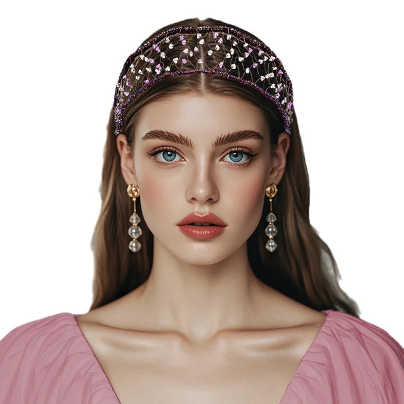Colored Crystal Cross Woven Mesh Hair Accessories Women Wide Headband Festival Party Hairbands Girls Headband Hair Decorate