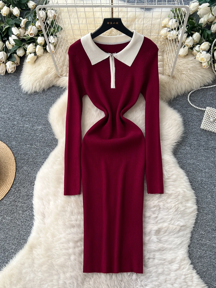 

2026 Новое осеннее женское винтажное трикотажное платье с отложным воротником и длинными рукавами, хитовый цветной дизайн, эластичное тонкое платье на молнии с высокой талией