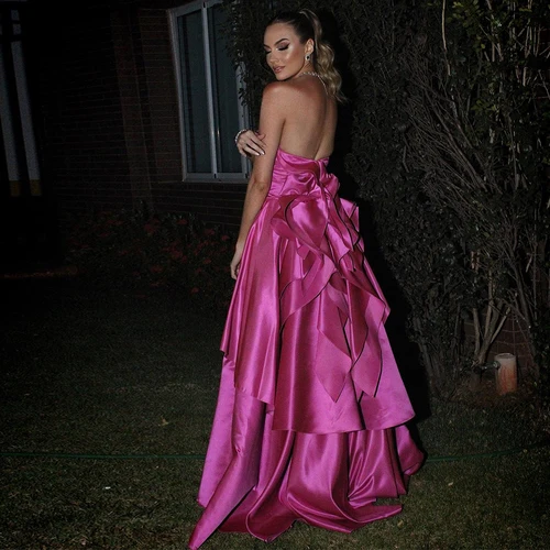 Vestidos de noche largos y elegantes para mujer, vestido de satén con corte en A para el día de San Valentín, vestido de celebridad con volantes y escote en forma de corazón fucsia, vestido largo de 2025