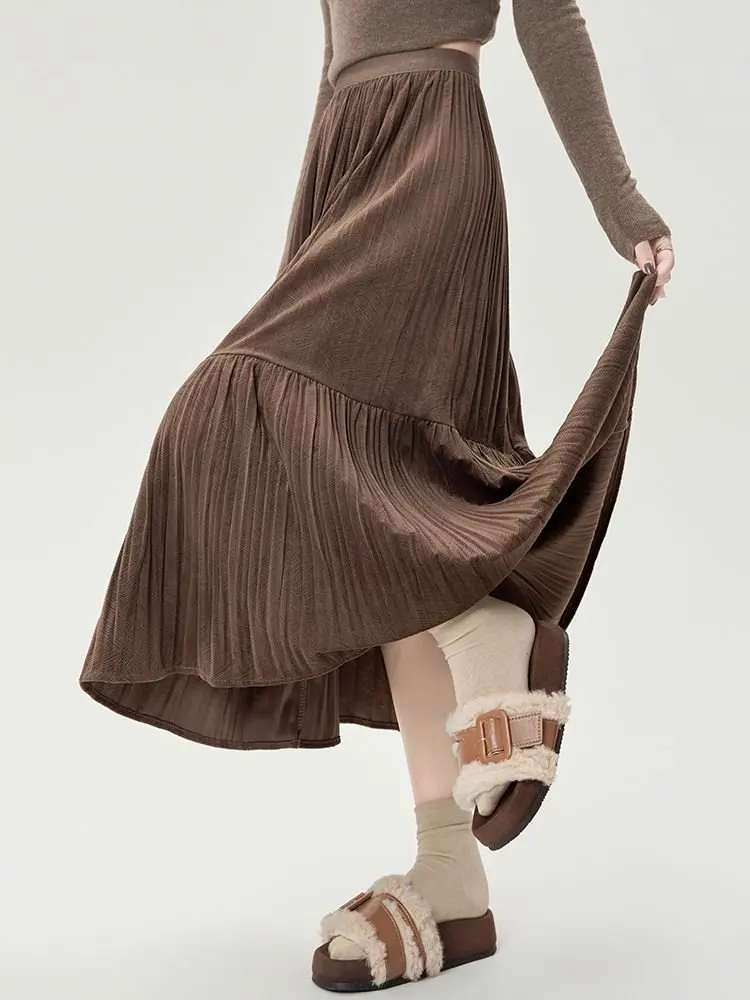 القهوة الخريف الشتاء طيات عادية القطيفة ميدي تنورة للنساء فضفاضة الخصر مكتب OL ألف خط المخملية التنانير الطويلة سيدة