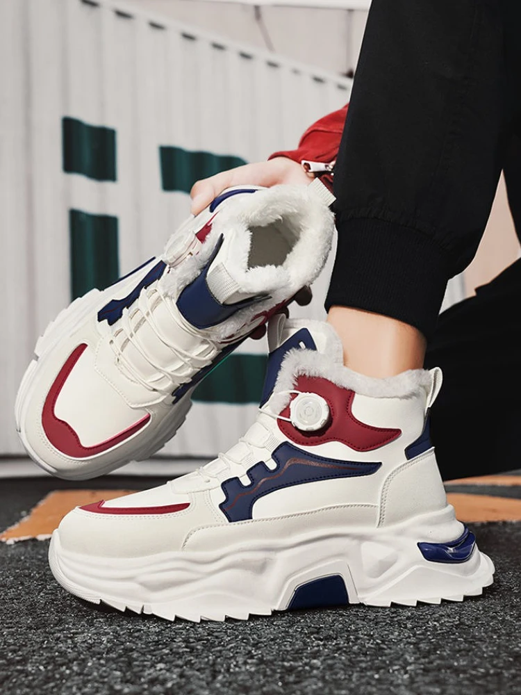​Men Teenager Winter Dad Shoes Color Blocked High Top Rotating Buckles Thickened Fleece Lined Warm Cotton Padded Sports Shoes​
