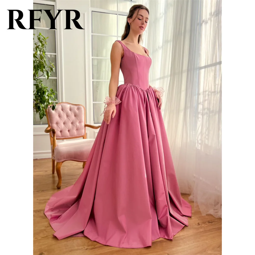 

RFYR Pink Spaghetti Strap Formal Dress Stain A Line Party Dress For Wedding O Neck Special Occasion Dress robe soirée Customized