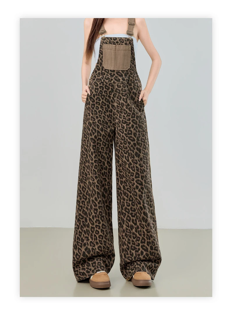 Women's Leopard Print Bib Overalls Denim Y2K American High Street Harajuku Fashion Aesthetic College Retro Casual Bib Overalls