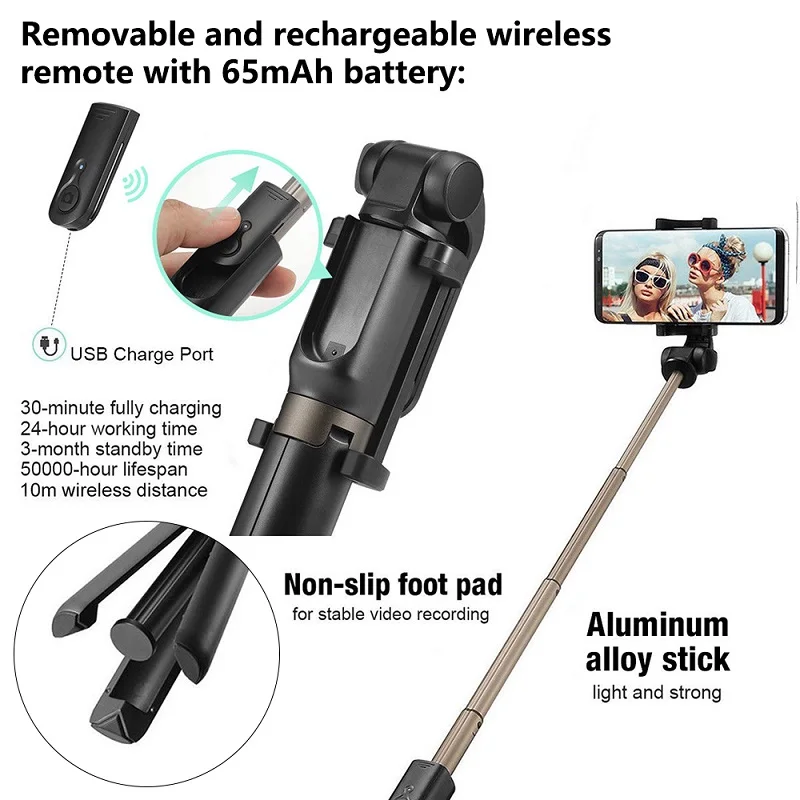 TRAVOR  Bluetooth Selfie Stick Tripod Remote Extendable Handheld Selfie Stick  For iPhone Huawei   Xiaomi Samsung Android phone