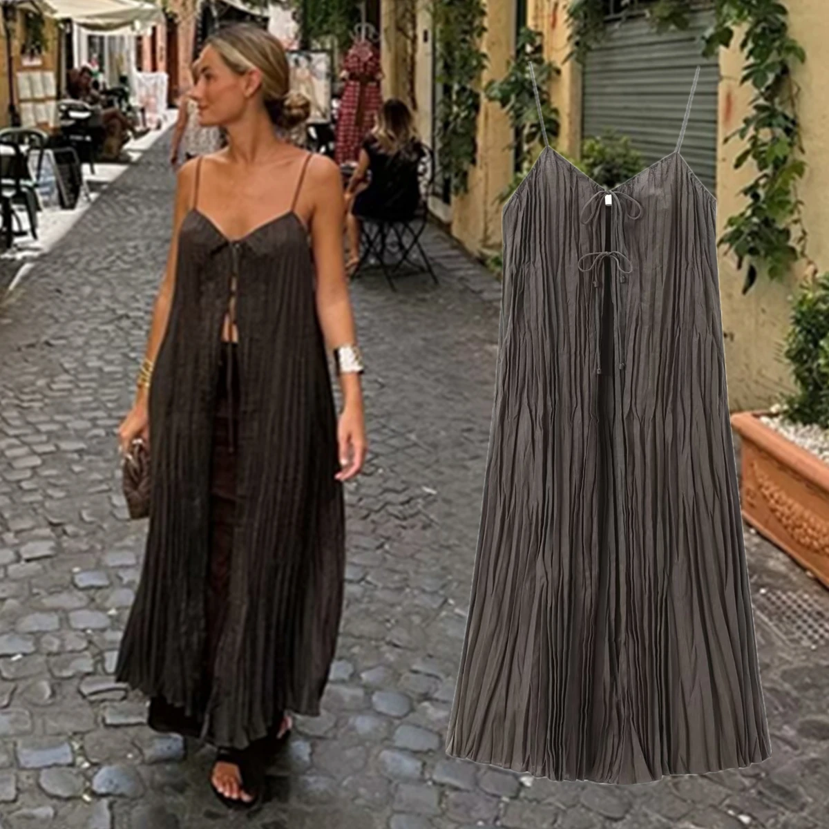 

Dave&Di French Minimalist Pleated Suspenders Dress Women Tassels Elegant Beach Dress For Summer Dress Women Vestidos