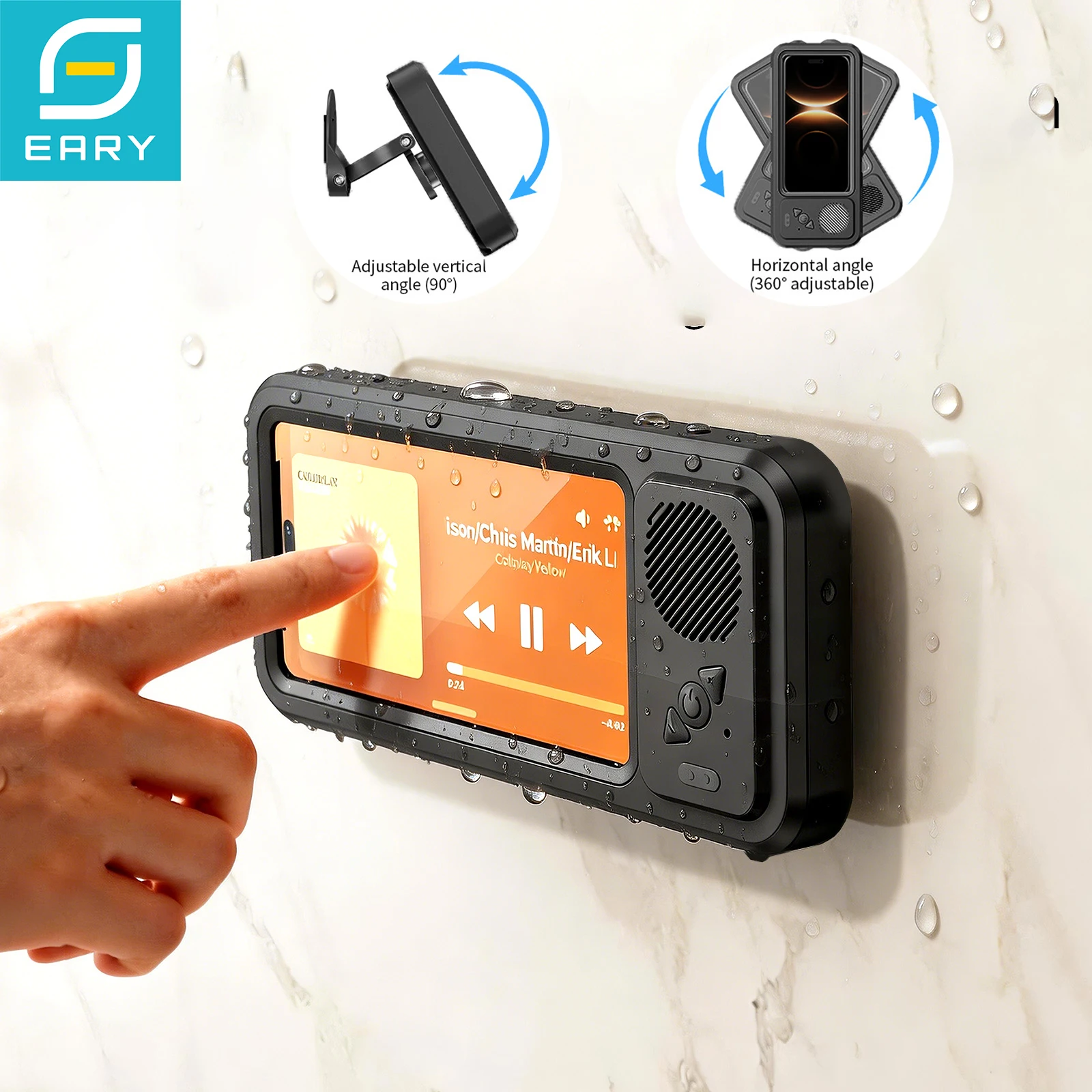 

Eary Shower Phone Holder with Wireless Bluetooth Speaker Waterproof Shower Phone Case Wall Mounted Stand for Bathroom Mirror