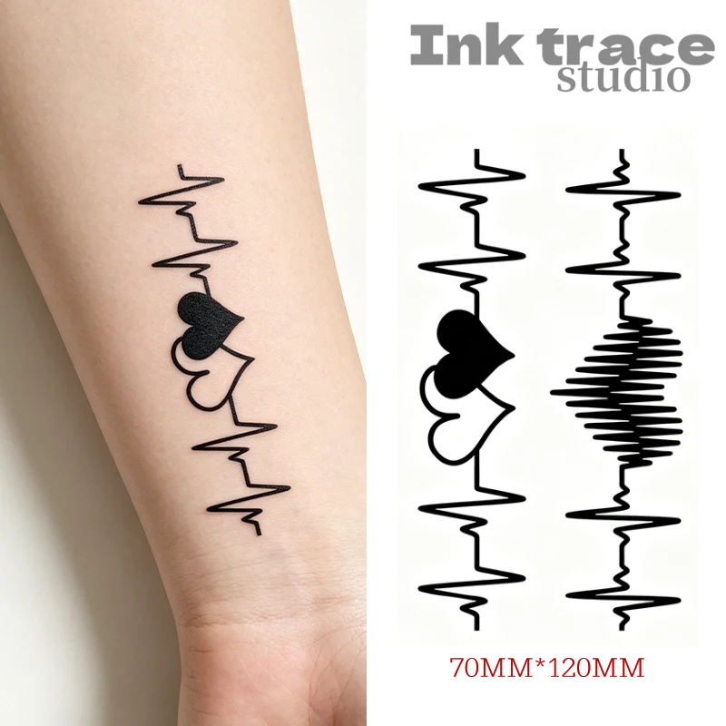 Black Heartbeat ECG Temporary Tattoo Stickers Waterproof Body Art Couple's Holiday Gift for Arms Wrists Shoulders