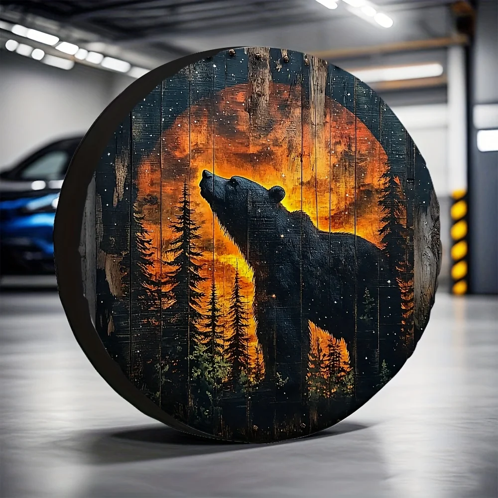 Country Style Bear Silhouette Spare Tire Cover for RV SUV Trailer Camping Vehicle, Durable Polyester Tire Protector