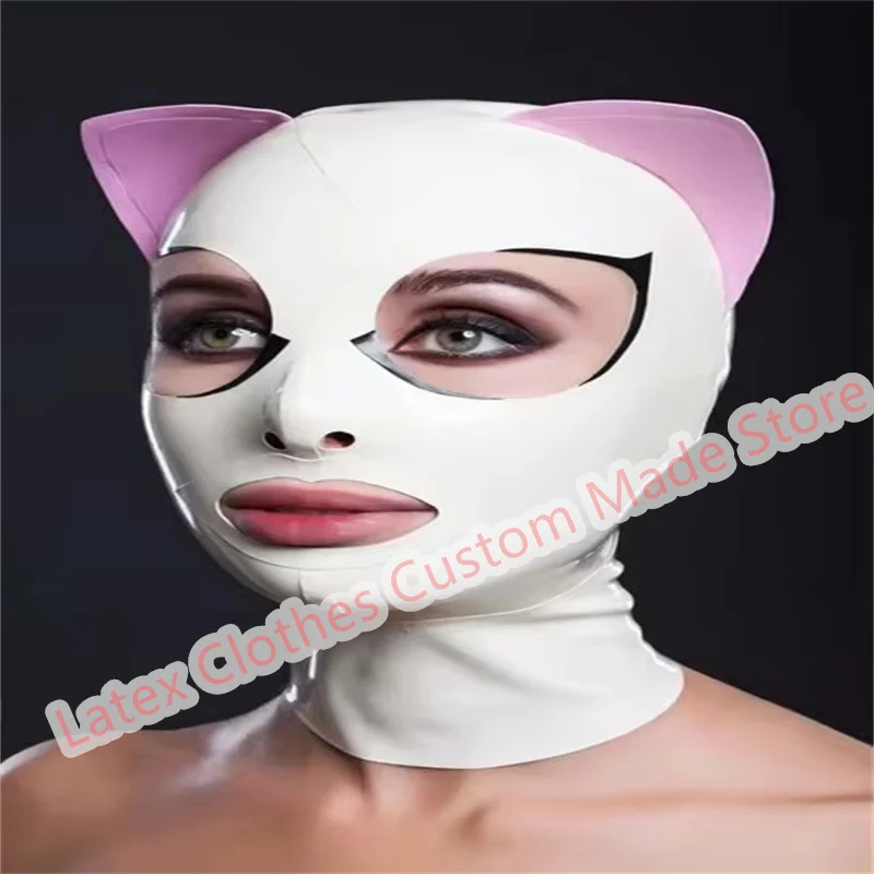 

Cat Ear Latex Hood Rubber Masks Open Eye Mouth Rear Zip Customized 0.4mm Halloween Cosplay Costumes