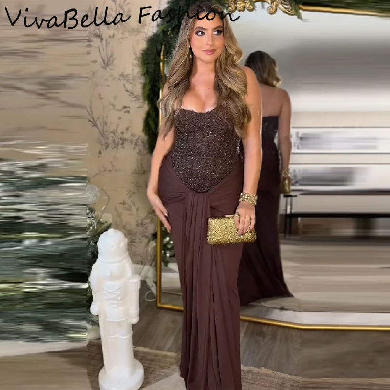 

Новое модное вечернее платье макси без бретелек с пайетками, плиссированное, с завышенной талией, без рукавов, для женщин, для вечеринок и клубов, 2026