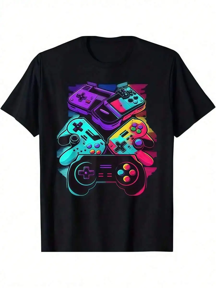1Pc Mens Clothes Game Console Print Black Unisex Crew Neck Tshirt, Plus Size Men's Clothing 5XL, Lightweight 100% Cotton Trendy