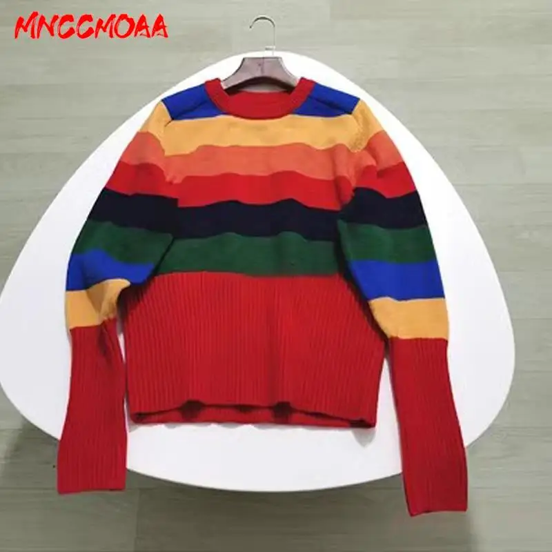 

MNCCMOAA-Women's Loose Round Neck Streak Knit Sweater, Casual Long Sleeve Pullover, Commuting Top, Female Fashion, Autumn, 2024