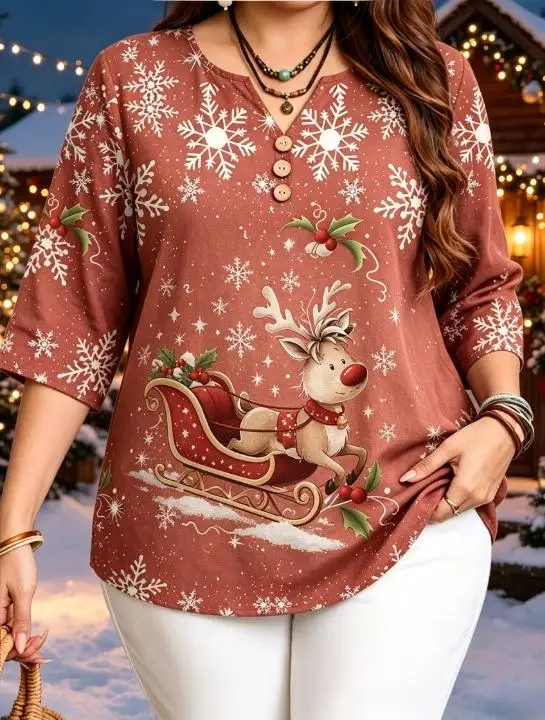 Plus Size Women 3/4 Sleeve V‑Neck Blouse Christmas Cartoon Snowman Holly Print Button Decoration Loose Casual Tops