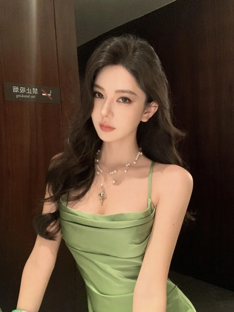 French Elegant Satin Women's Dresses Summer Swing-Collar Side Slit Slim Sexy Green Sling A-line Dress Party Evening Chic 2025
