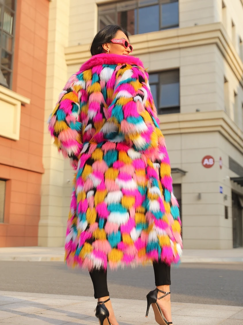 Elegant Directional Faux Fur Coat Fashion Personality Rainbow Long Women'S Artificial Turf Coat