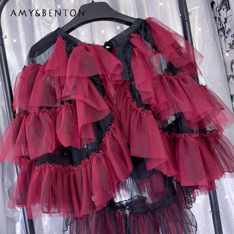 Punk Gothic Sexy Black Red Classical Court Women's Sling Dress New Lace Hollow Out Splicing Beaded Chain Long Dresses Ladies