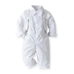 White Toddler Boys Suit Gentleman Clothes Baptism Dress Shirt Bib Pants Solid Party Wedding Handsome Kid Clothing 1-6Y Outfit