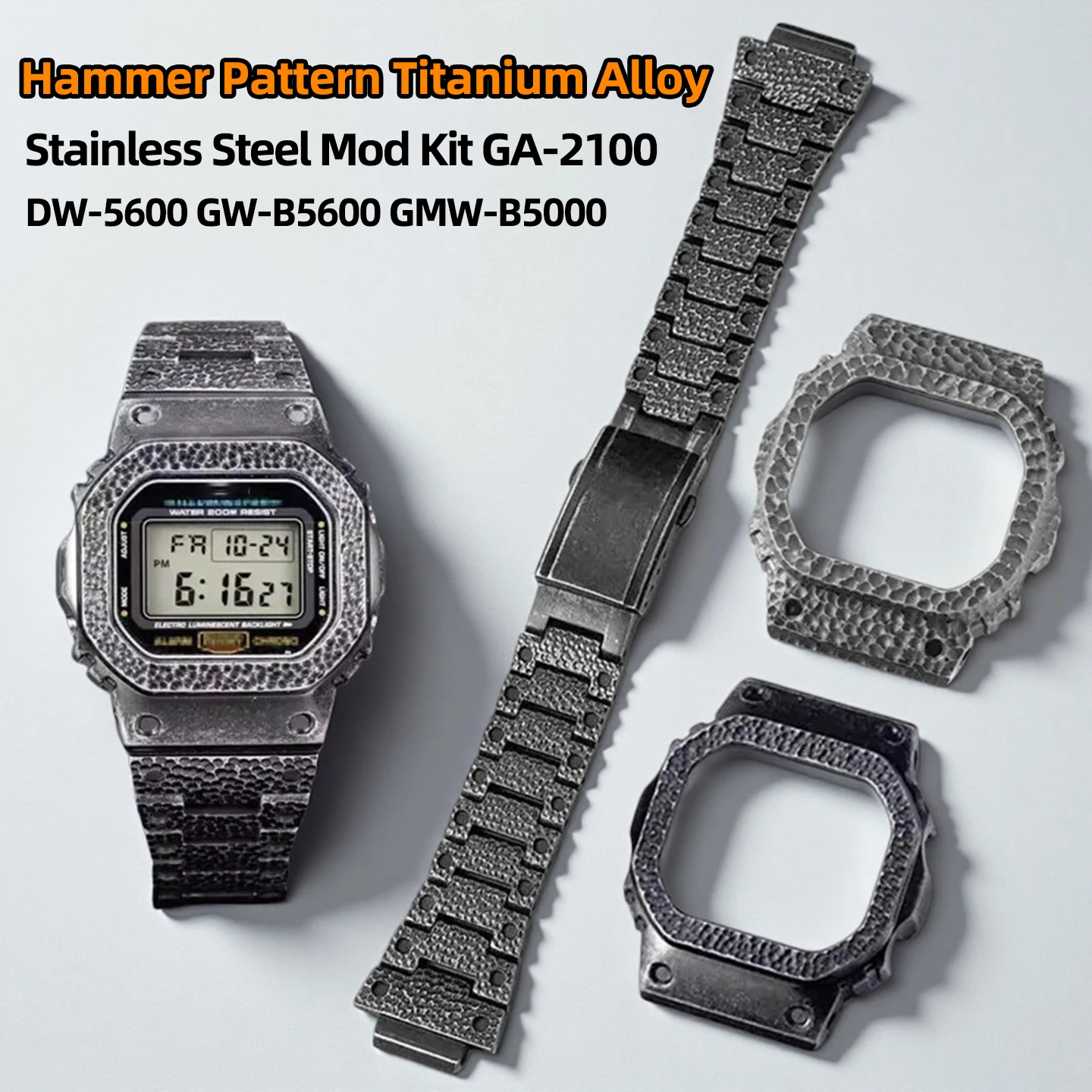 

Комплект для модификации Casio G-SHOCK GA-2100 DW5600 GW-B5600 GMW-B5000 из титанового сплава и нержавеющей стали с эффектом молотковой чеканки: металлический безель, корпус и ремешок