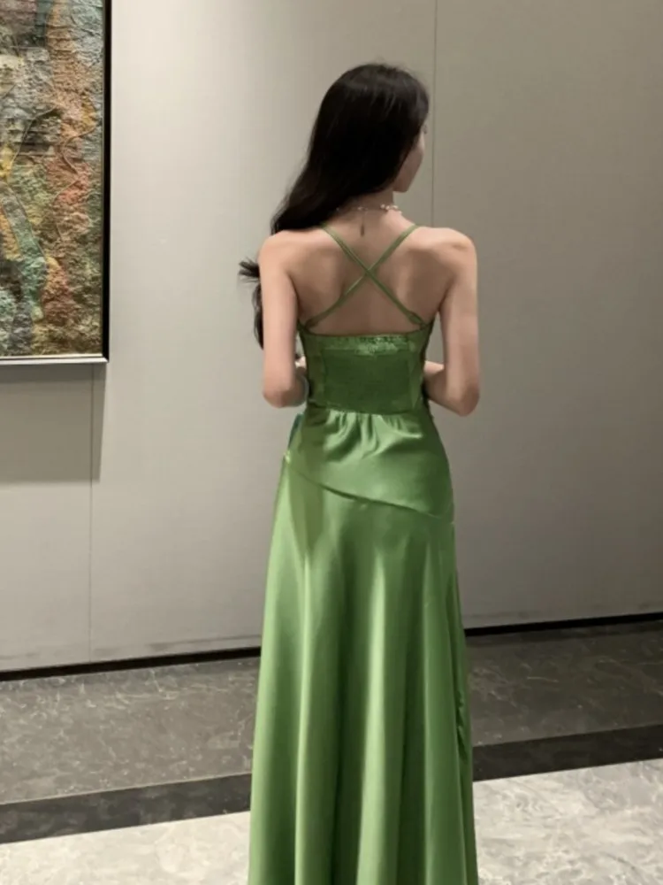 French Elegant Satin Women's Dresses Summer Swing-Collar Side Slit Slim Sexy Green Sling A-line Dress Party Evening Chic 2025