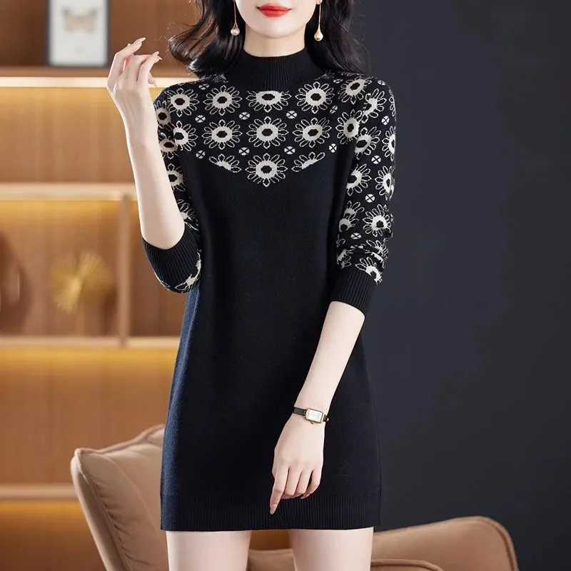 Women Jumper Wool Knitted Loose Sweater Winter Long Sleeve Print Half High Collar Thick Soft Comfort Knitwear Jumper Female Tops