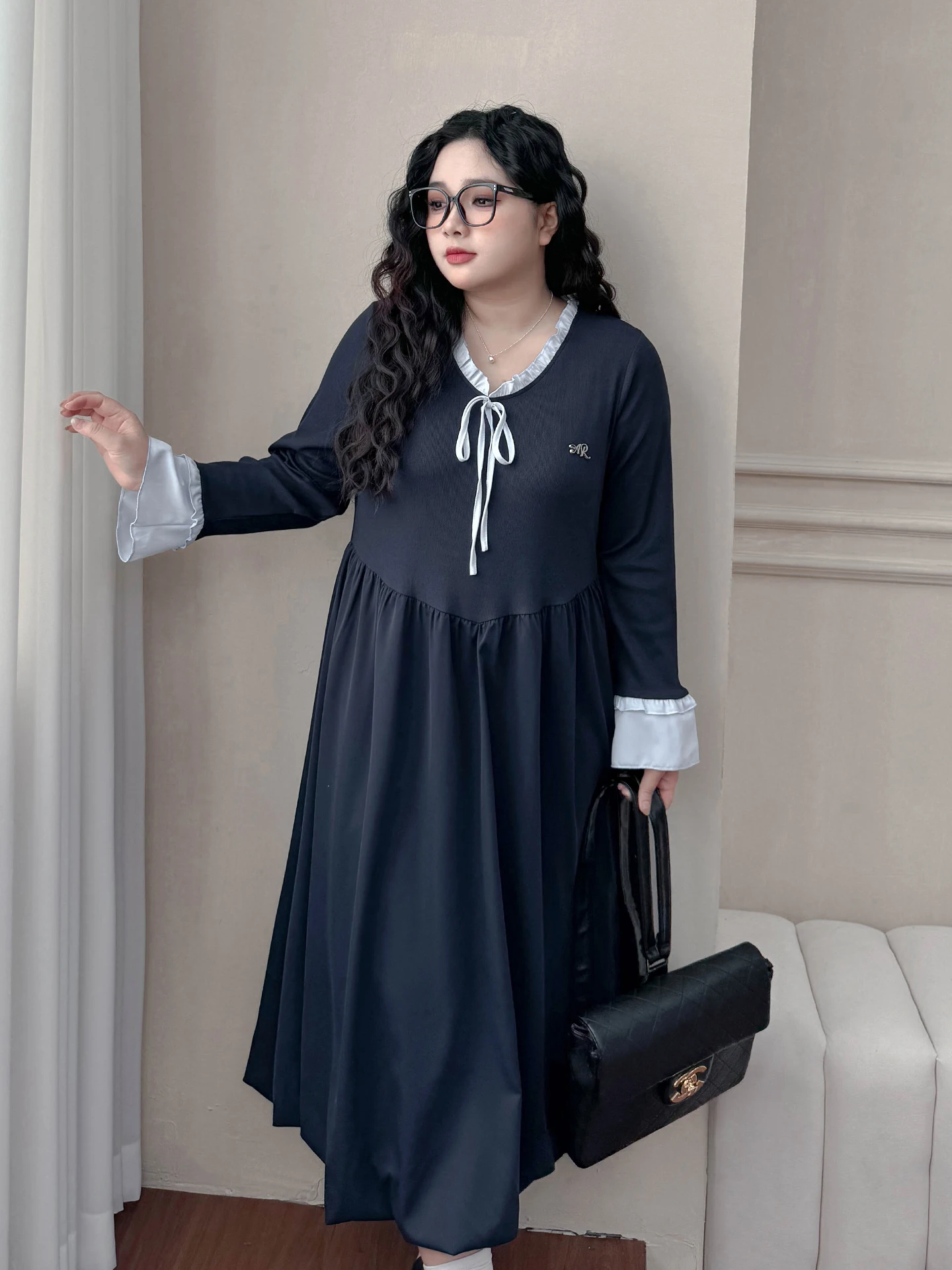 

Женская юбка больших размеров Ele Flower Bud V-Ne с высокой талией, длинное све Dr, повседневное платье трапециевидной формы из смеси хлопка Dr