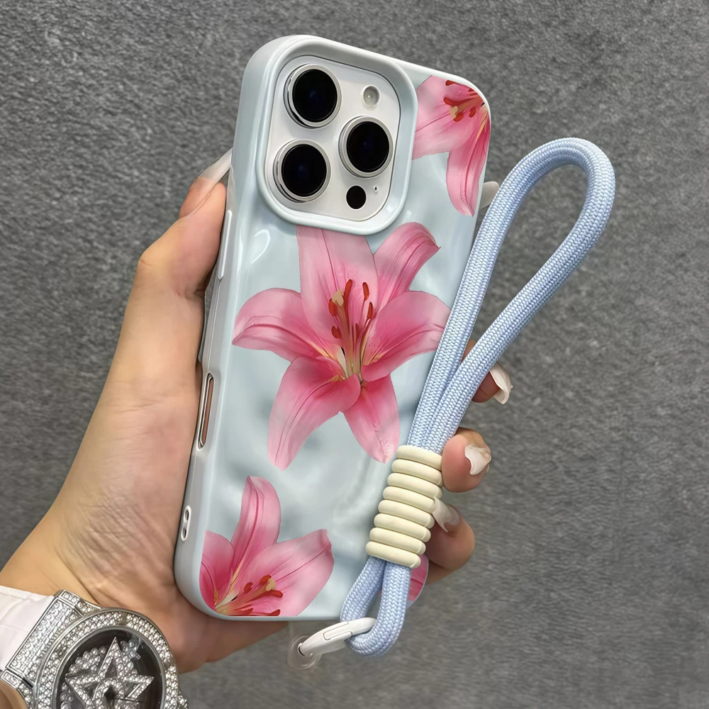 Hibiskusblüten Falten-Silikon-Handyhülle für iPhone 17 15 13 11 12 14 16 17 Pro Max 14 15 Plus 17 Air mit Lanyard INS Cover – Detail 5