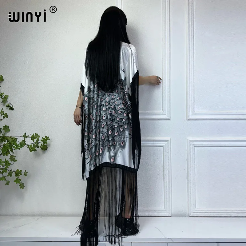 WINYI Africa kimono cover-ups summer boho peacock print Bikini Cover-up Elegant fashion Cardigan sexy Holiday tassels maxi dress