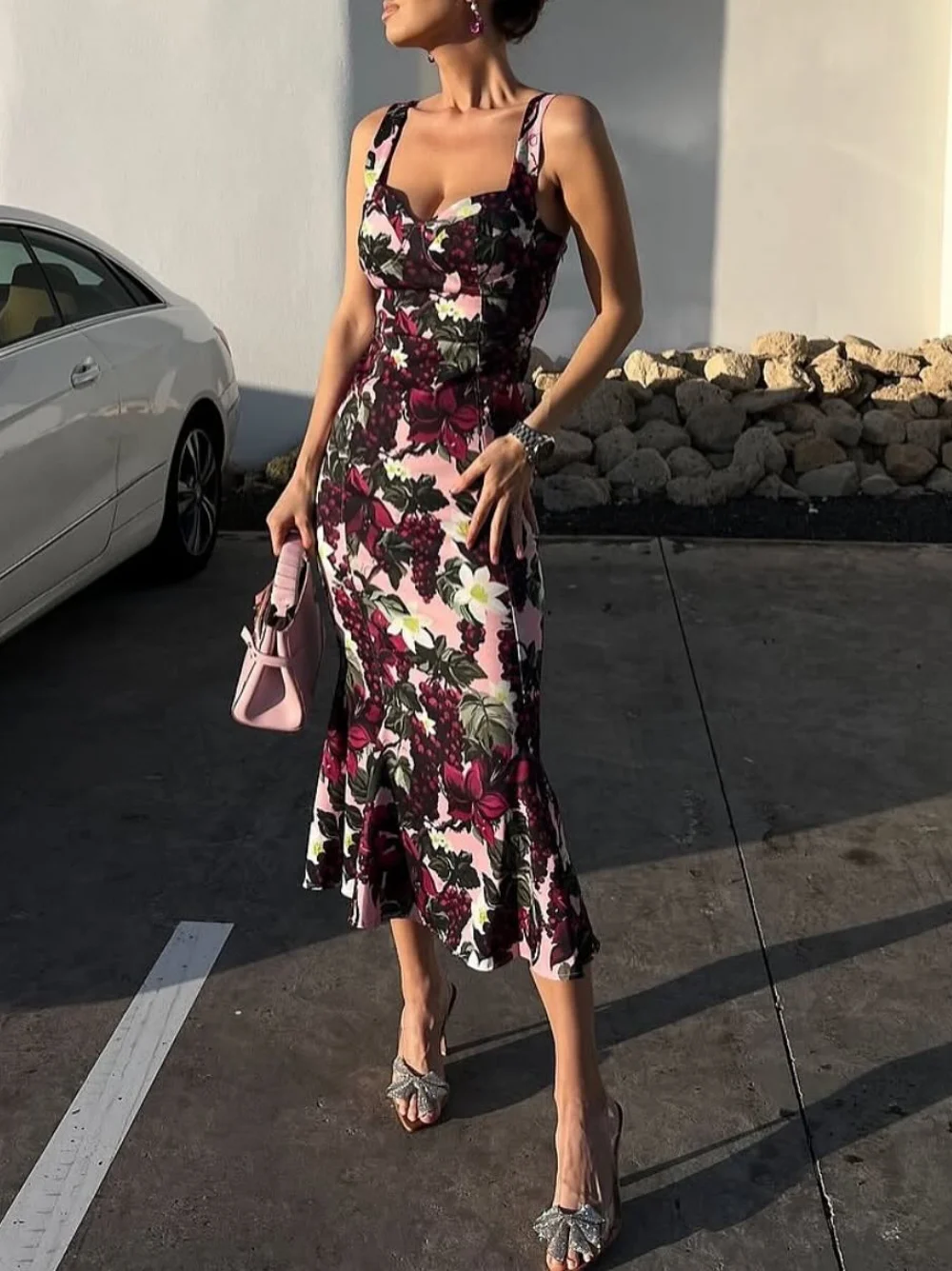 

Vintage Casual Chic Women Cami Dress Fruit Print Wavy Trumpet Dress New Fashion 2025 Spring Summer Holiday Beach Dress