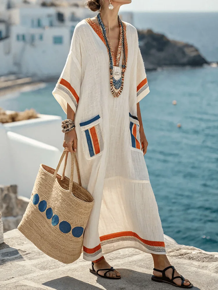 Luźna sukienka patchworkowa z dekoltem w serek, prosta sukienka na imprezę, damska wiosenno-letnia sukienka maxi z krótkim rękawem, elegancka sukienka damska z nadrukiem.