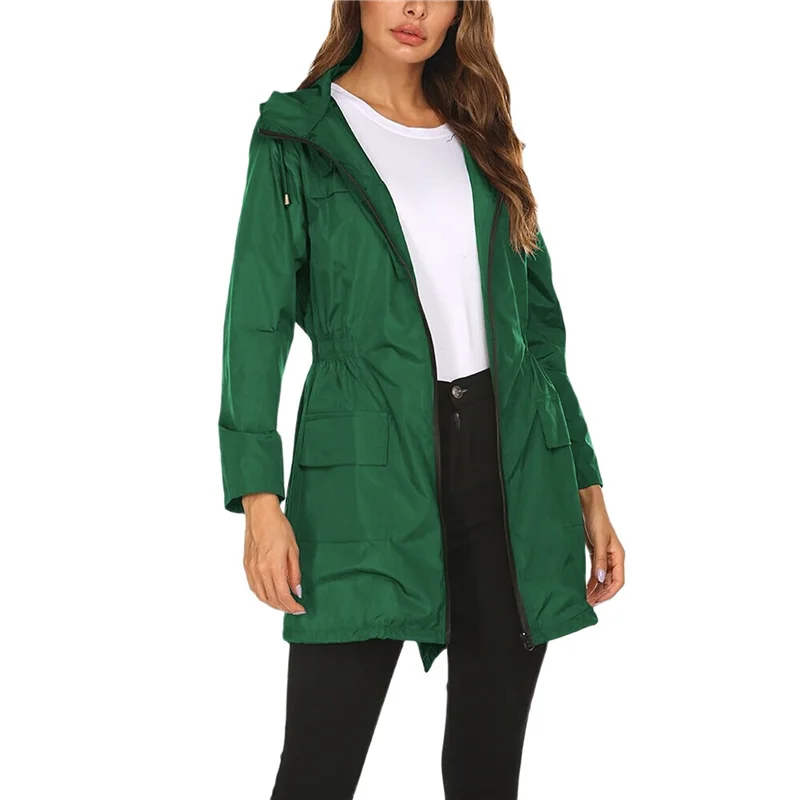 

ABKO-Women's Waterproof Rain Jacket Mid Long Zip Front Outdoor Hooded Raincoat