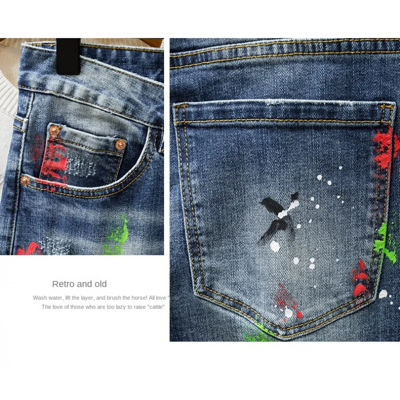 Painted Designer Personalised Street Fashion Men's Jeans Vintage Blue Stretch Slim Hip Hop Jeans Hombre