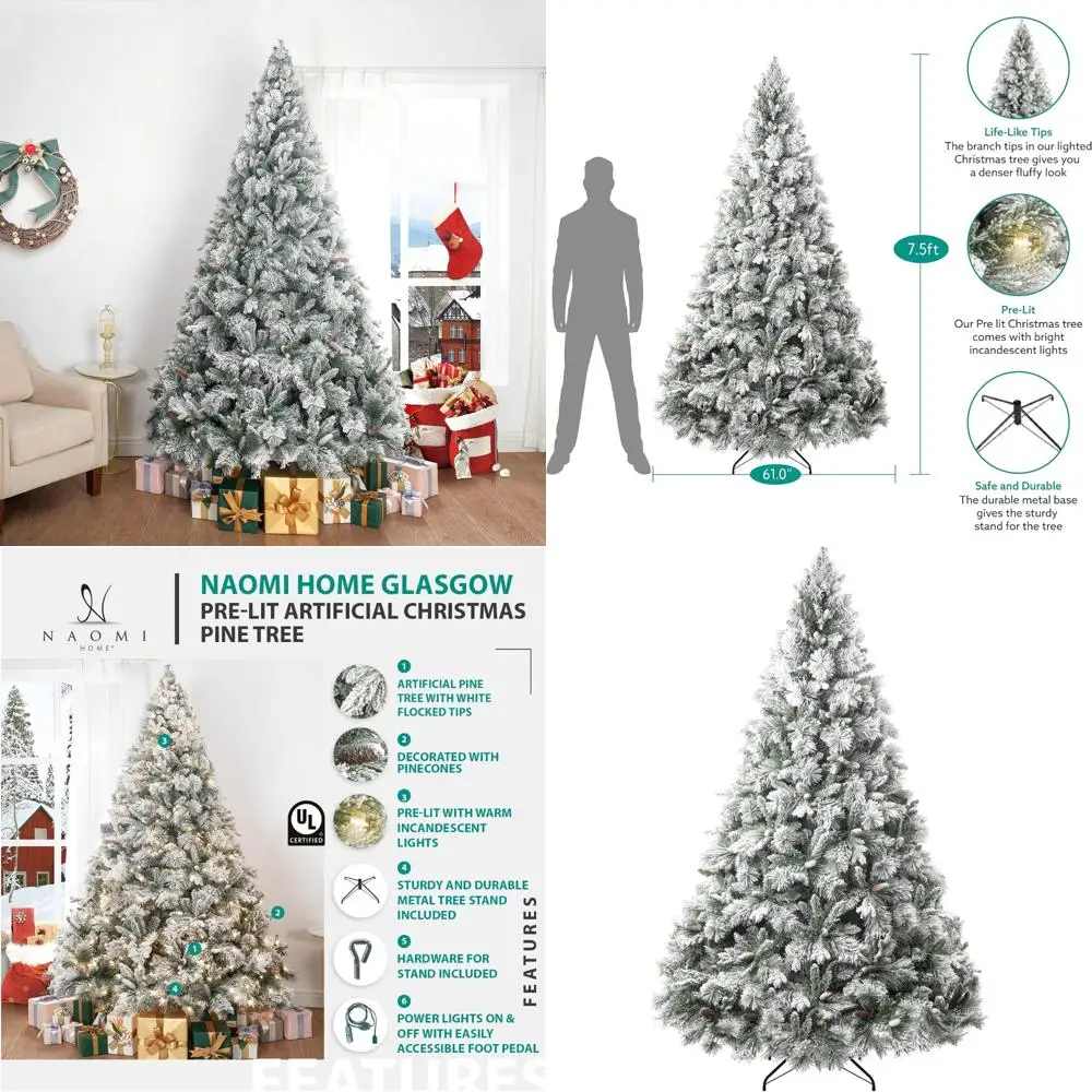 شجرة عيد الميلاد الاصطناعية البلورية بطول 7.5 أقدام من جلاسكو مع مخاريط صنوبر، تحكم بدواسة القدم، 1556 أطراف فرعية، 750 أضواء دافئة وأنا #1