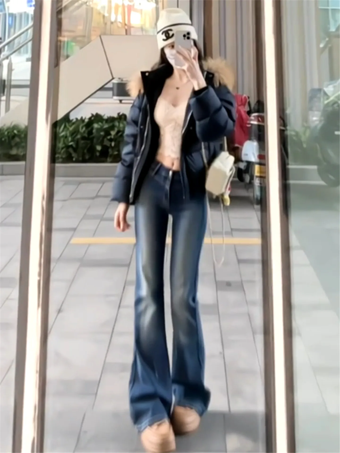 

Deep Blue American Street Style Bell Bottom Jeans Women's Autumn Winter Slimming Long Floor Length Taller Women's Jeans
