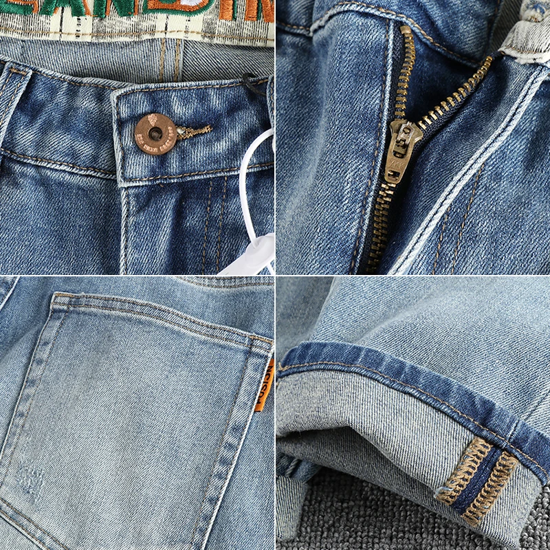 New wash light blue ground white jeans men\'s spring American fashion brand small straight leg retro casual youth pants