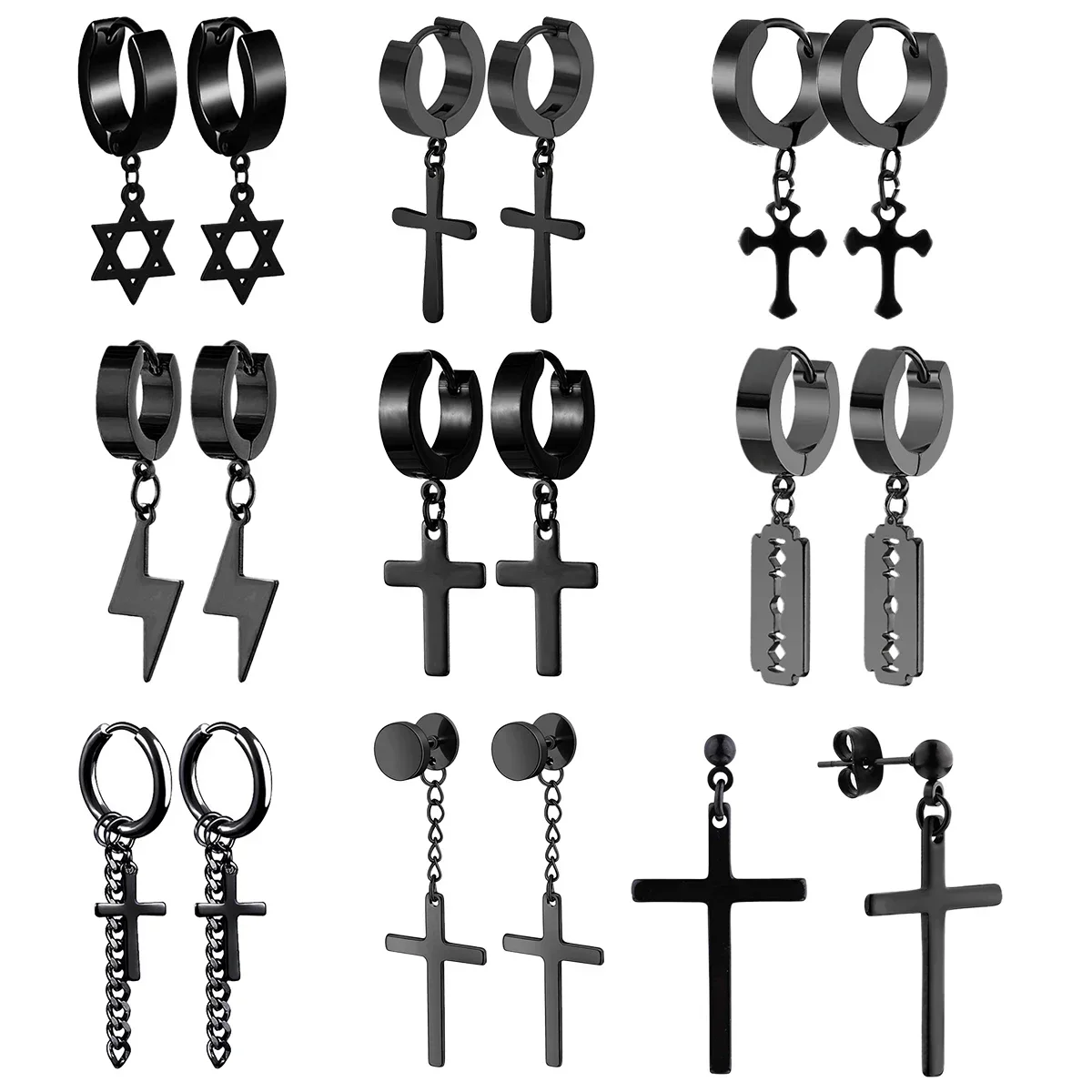 1Pair Punk Stainless Steel Cross Pendant Hoop Earrings For Men Women Not Fade Ear Rings Hip Hop Male Jewelry