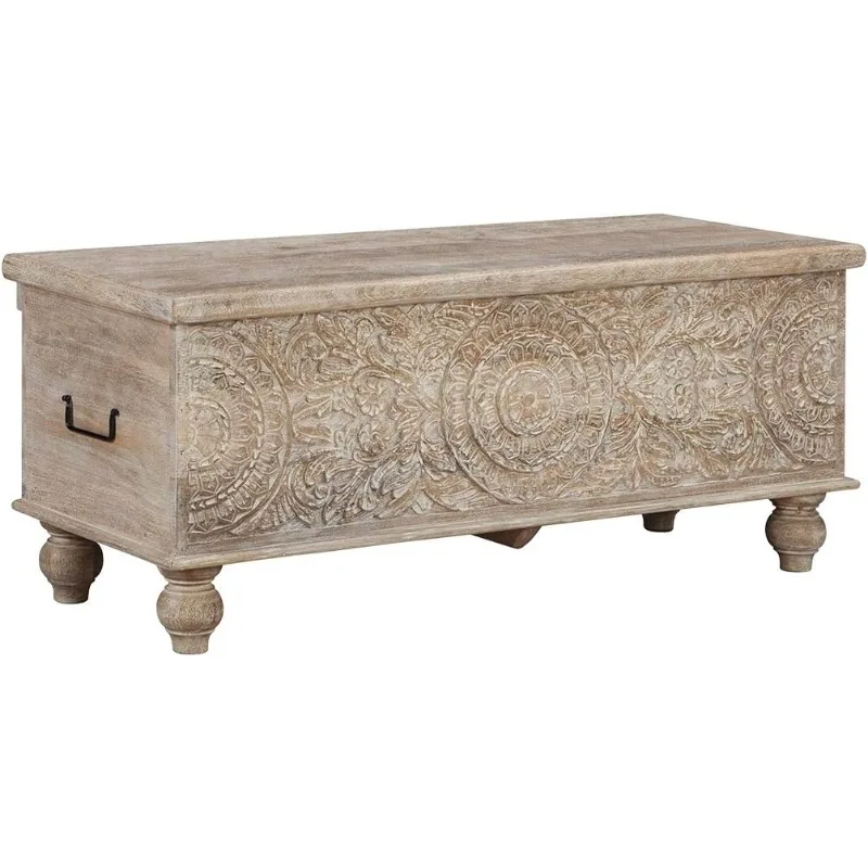 Fossile Ridge Boho Carved Wood Storage Bench with Hinge Top, Beige