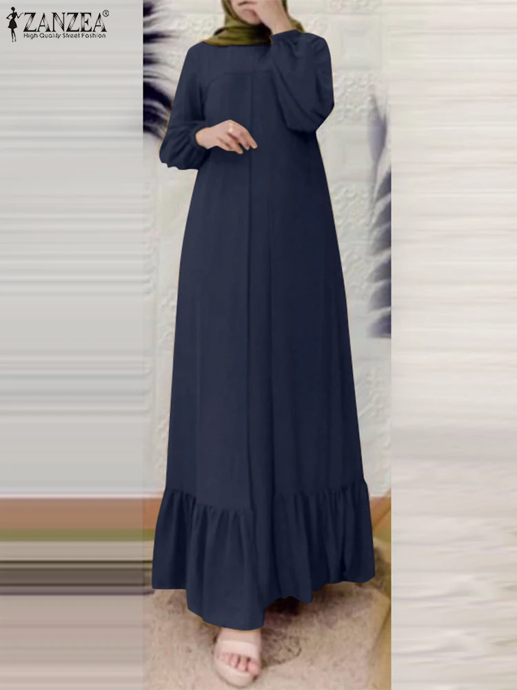 Fashion Women Long Sleeve Muslim Dress Turkey Abaya Kaftan IsIamic Robe Autumn Maxi Sundress 2024 ZANZEA Elegant Loose Vestidos