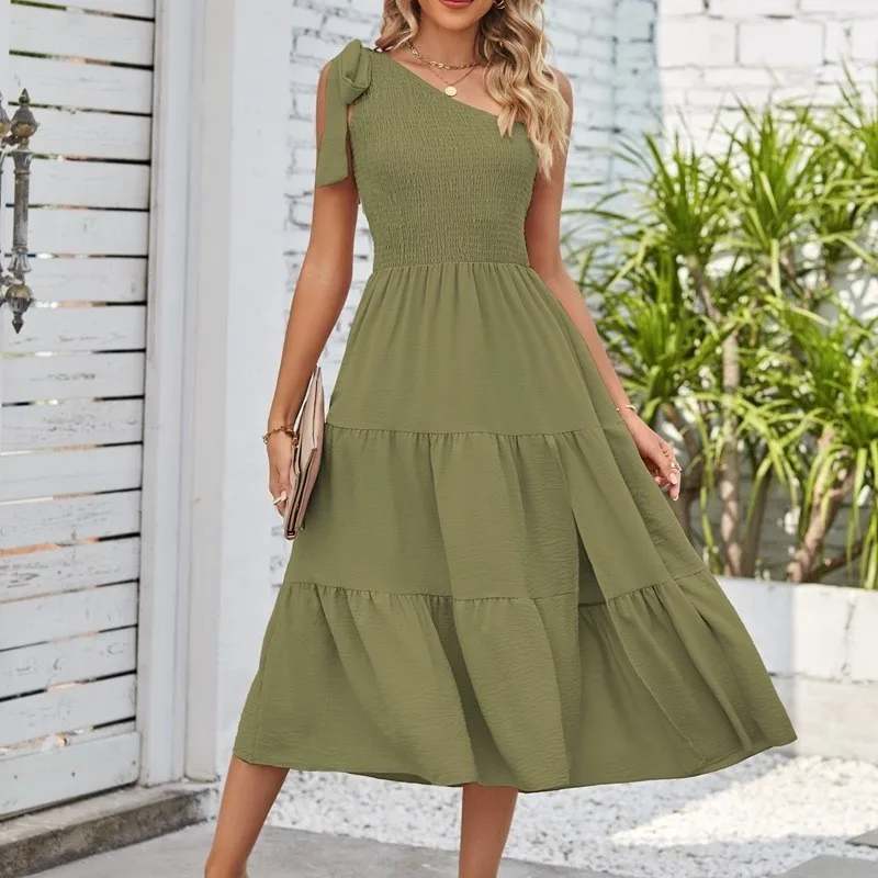 Abito lungo asimmetrico Abito da donna con nodo a cravatta monospalla Abito senza maniche smock jacquard Abito lungo con spacco in vita con cravatta a strati
