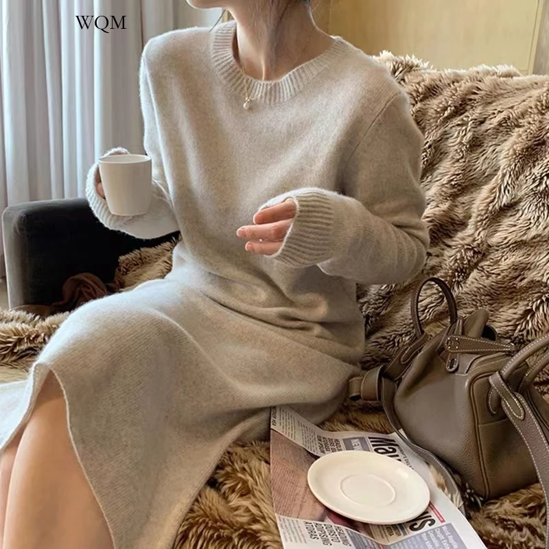 

WQM Simple Round Neck Pure Knit Dress Women's Knee-high New Coat with Long Sweater Skirt.women's Dress Vestidos Para Mujer