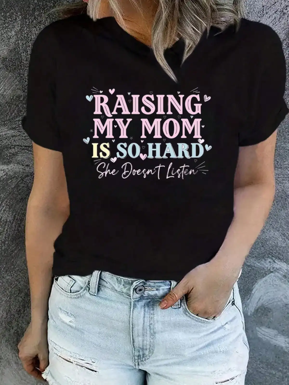 Women's "Taking Care Of Mom Is So Hard, She's So Disobedient" T-Shirt | Soft Short-Sleeved Casual Top With Pink And Fuchsia Slogan Print, Otto Design, A Humorous Gift For Caregivers And Mothers, Round Neck, Medium Stretch Fabric, Suitable For All,Breathab