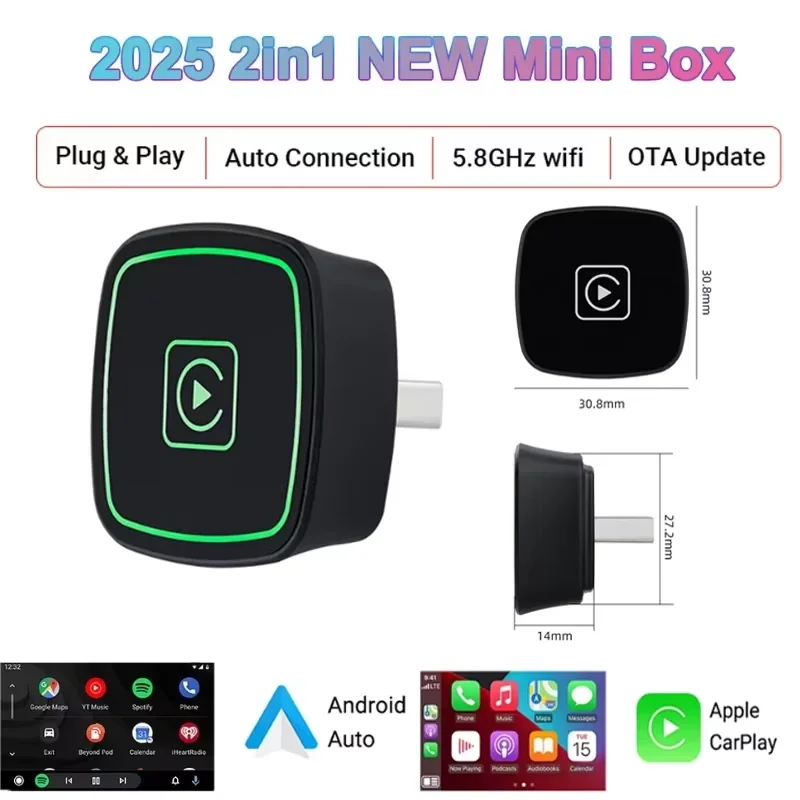 2025 NEW 2in1 Wireless Carplay Adapter Android Auto Smart Mini AI Box WIFI BT Auto Connect with Pilot Lamp Car Accessories