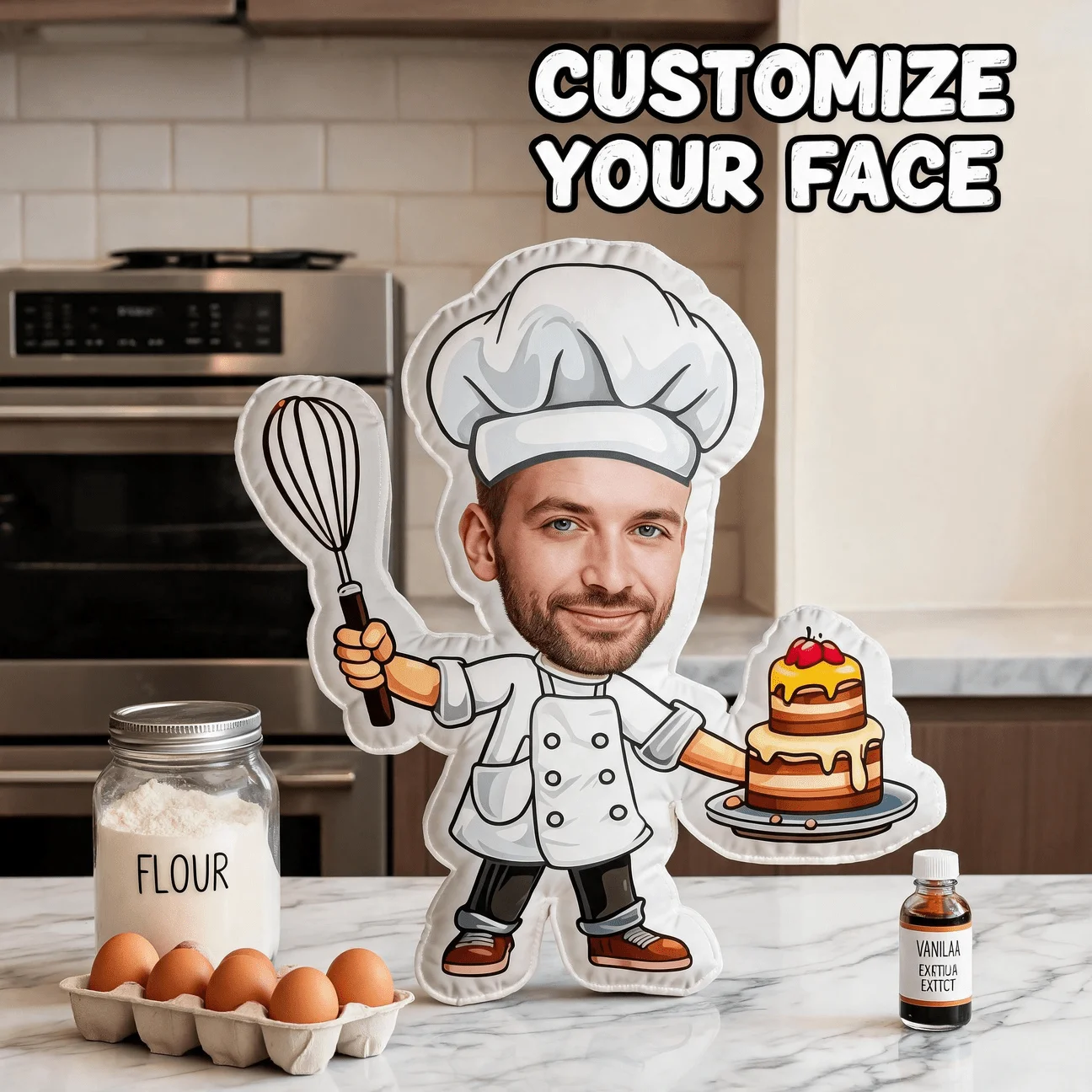 Custom Chef Face Shaped Pillow, Personalized Photo Baker with Whisk And Cake Decorative Cushion, 27.56inch Funny Home Decor Acce