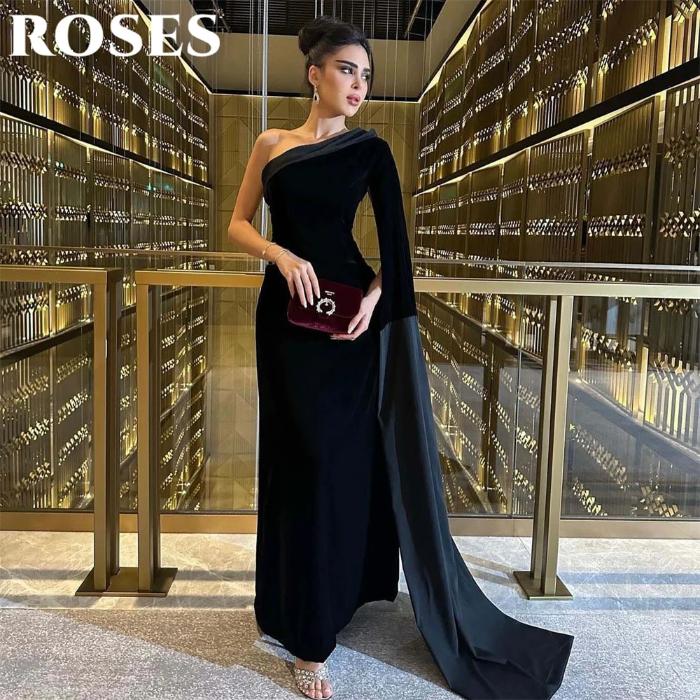 

ROSES Black Stain Party Dress Saudi Arabia One Shoulder Night Dress with Pleats Trumpet Celebrity Dresses for Woman Customized