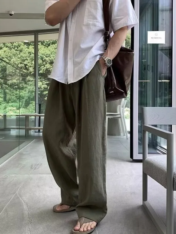 

Lightweight Linen Casual Pants Men's Summer 2025 New Korean Sle Simple Lazy Floor-Length Drapey Wide Leg Pants