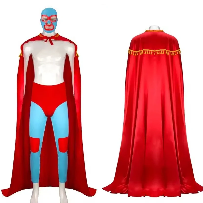 4PCS Disfraz de Nacho Cosplay, Capa Roja Libre, Máscara, Pantalones, Shorts, Conjunto Completo, Trajes de Lucha Libre Mexicana, Disfraces de Halloween para Adultos