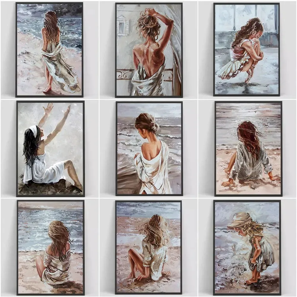 ملصق فتاة ملونة بمشهد شاطئ تجريدي ، لوحة جدارية مطبوعة من قماش الكانفاس ، صور فنية لغرفة المعيشة الحديثة ، هدية لديكور المنزل